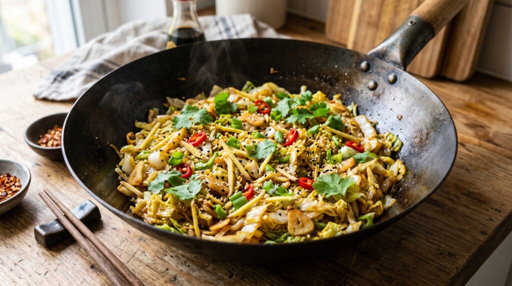 A vibrant, golden stir fried cabbage in a wide dark wok or bowl