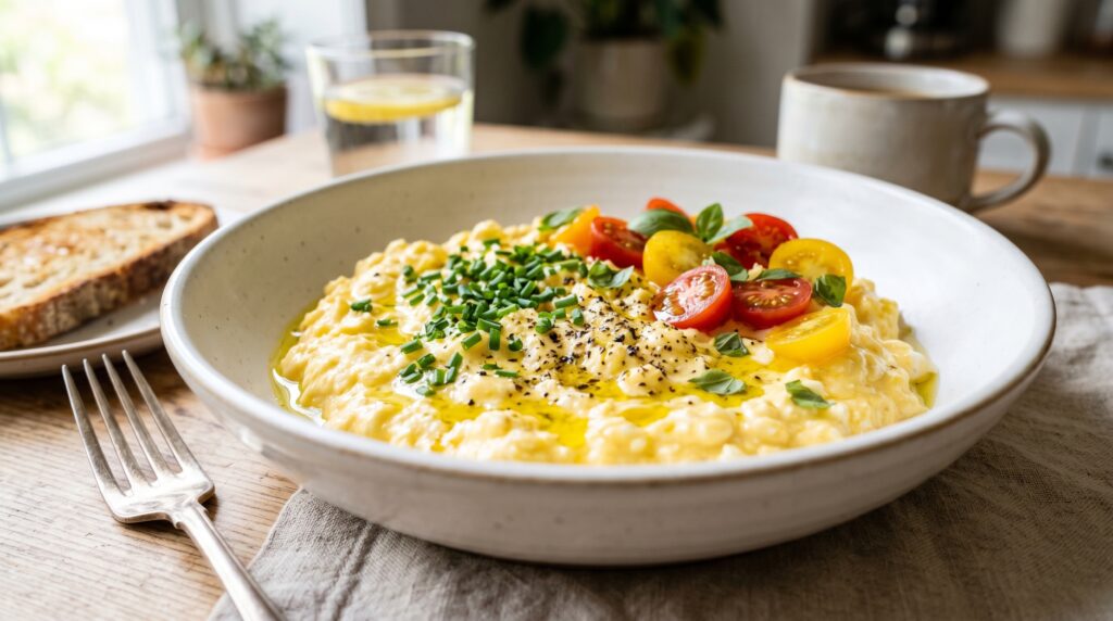 A luxuriously creamy cottage cheese egg scramble in a wide white bowl