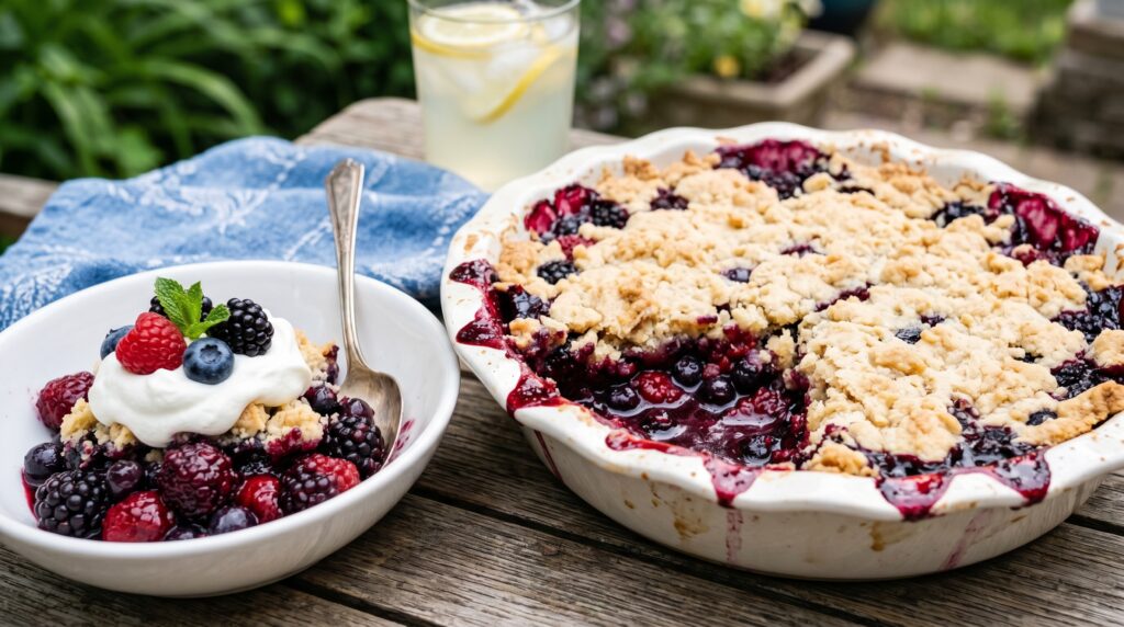 A spectacular triple berry dump cake in a wide white baking dish