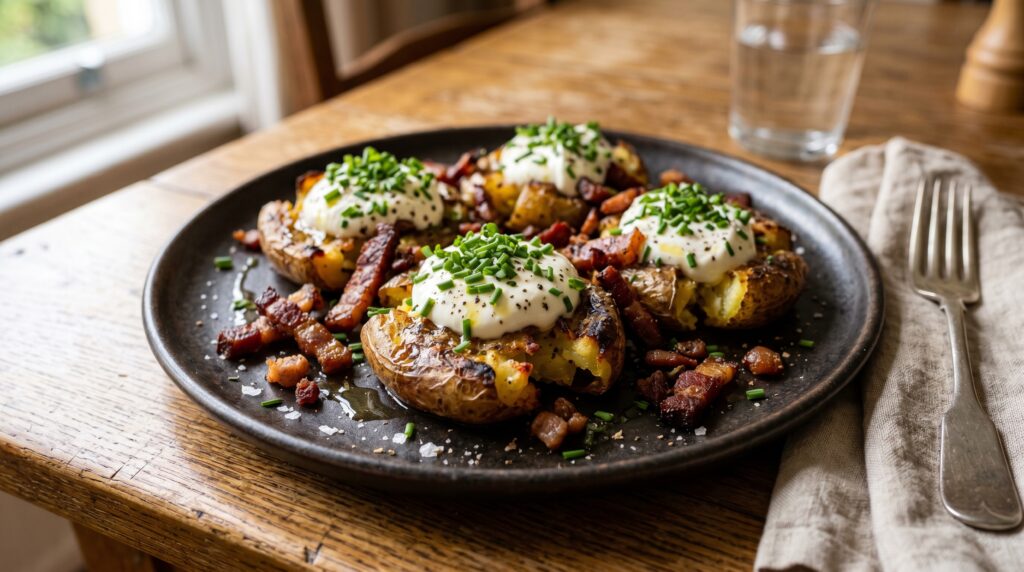 Indulgent loaded sour cream and chive smashed potatoes on a dark plate