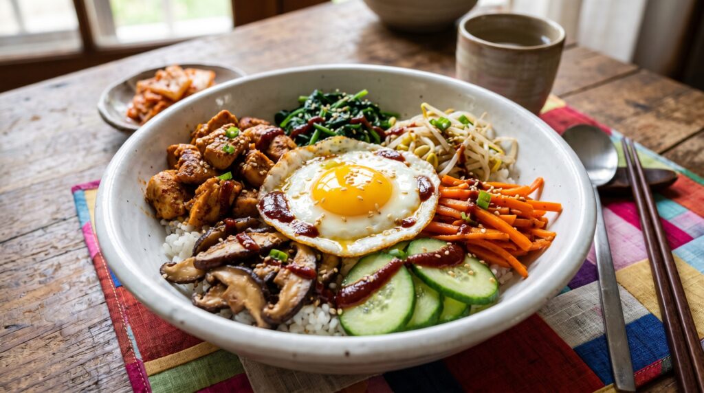 A spectacular bibimbap-style chicken bowl in a wide white ceramic bowl