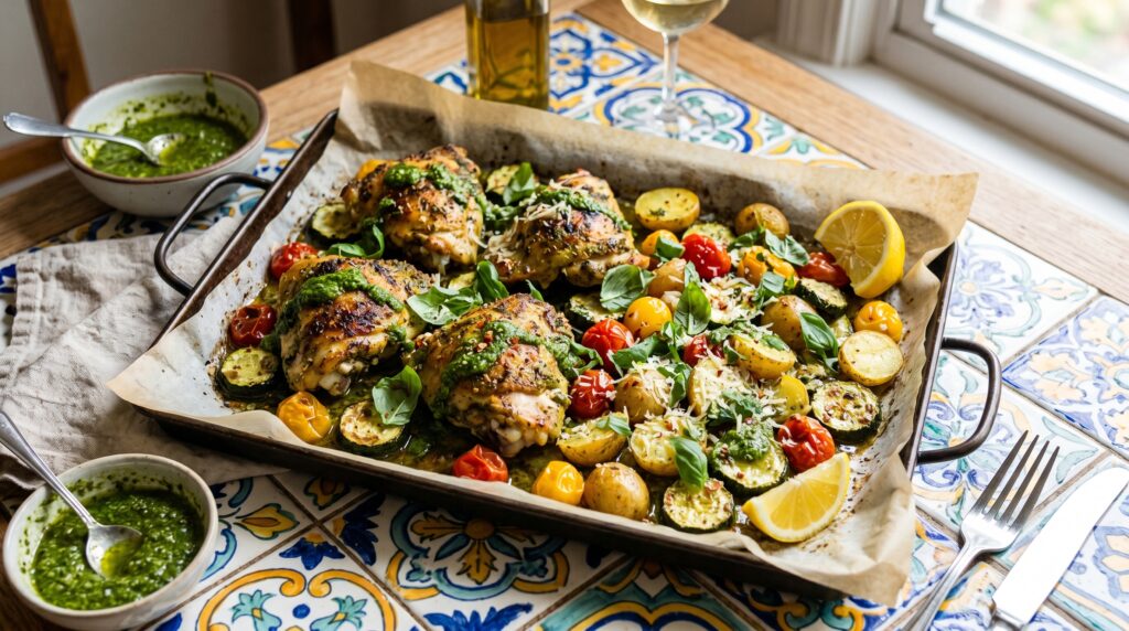A golden, fragrant pesto chicken and vegetable dump bake on a lined baking tray