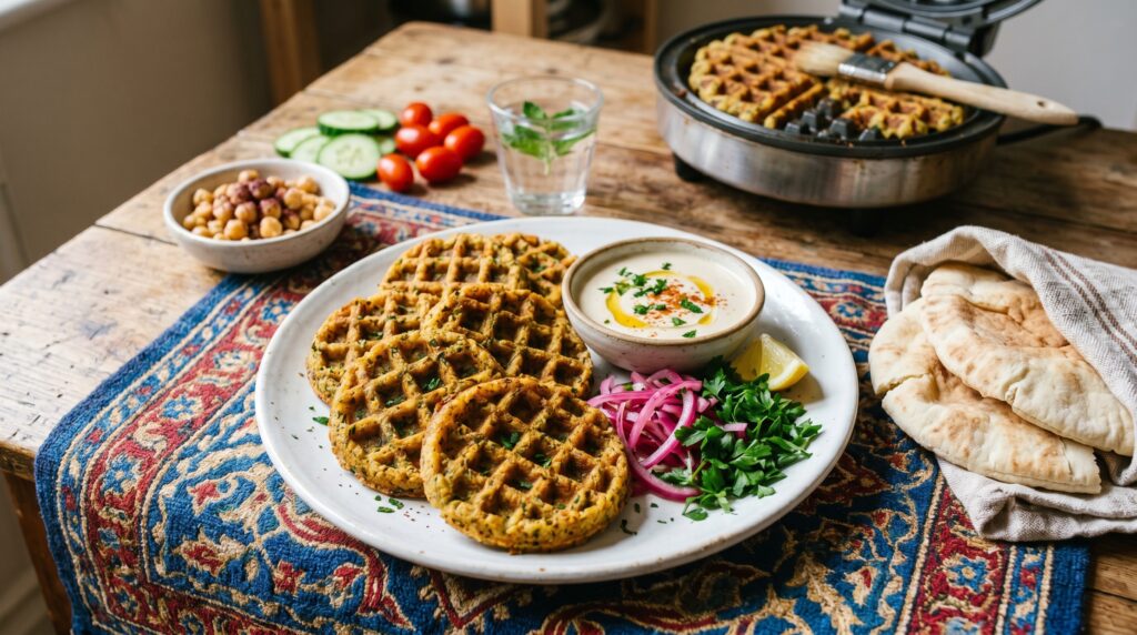 Beautifully golden, crispy waffle maker falafel on a white plate