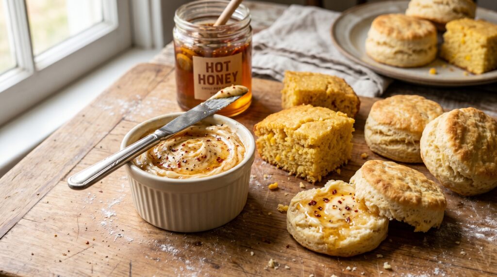 A warm, golden hot honey butter in a small white ramekin with a knife resting across it