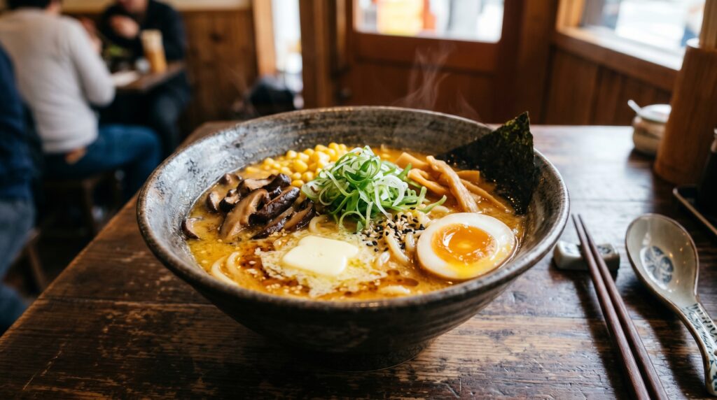 A stunning, deeply flavored miso butter ramen in a wide dark ceramic bowl