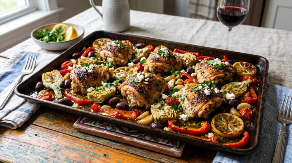 A spectacular sheet pan Mediterranean chicken on a dark baking tray