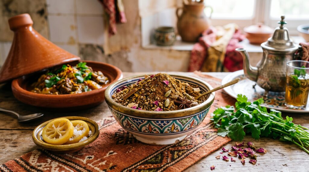 A fragrant, complex ras el hanout in a decorative ceramic bowl on a warm surface
