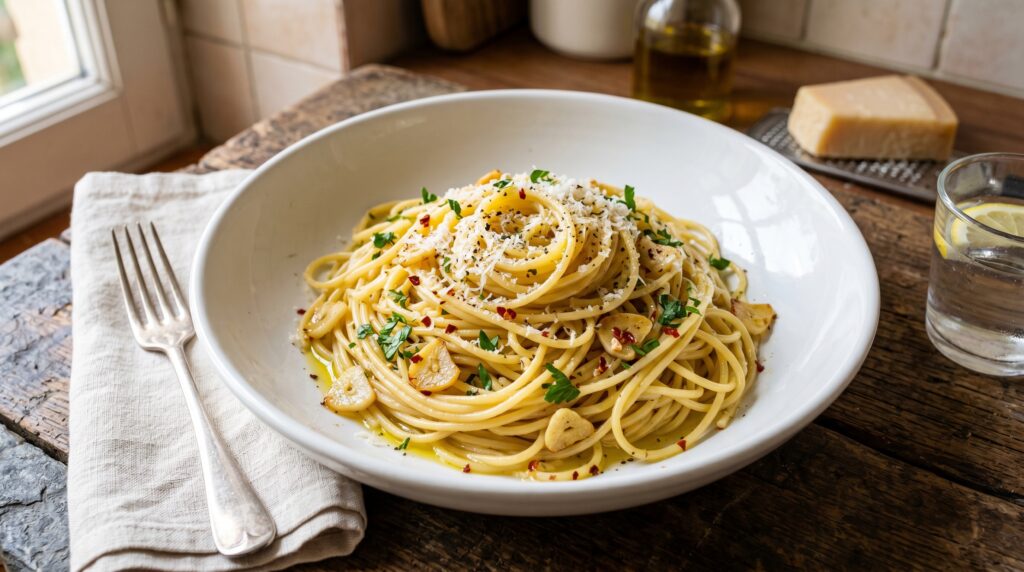 A perfect spaghetti aglio e olio in a wide white bowl