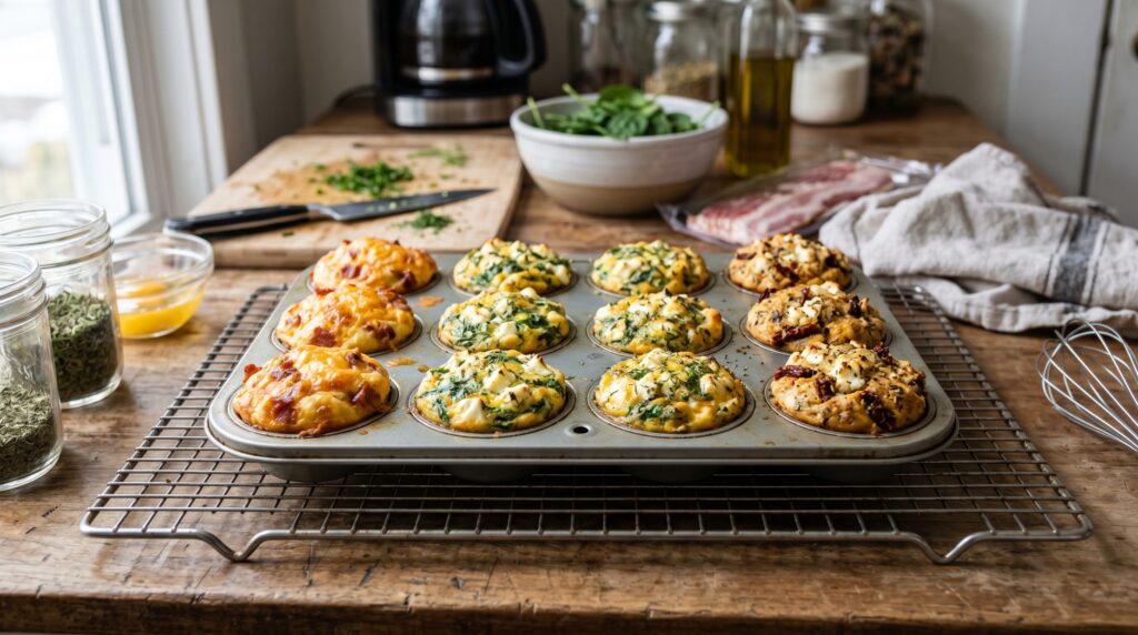 A tray of beautifully baked keto egg muffins on a wire rack, showing three different varieties