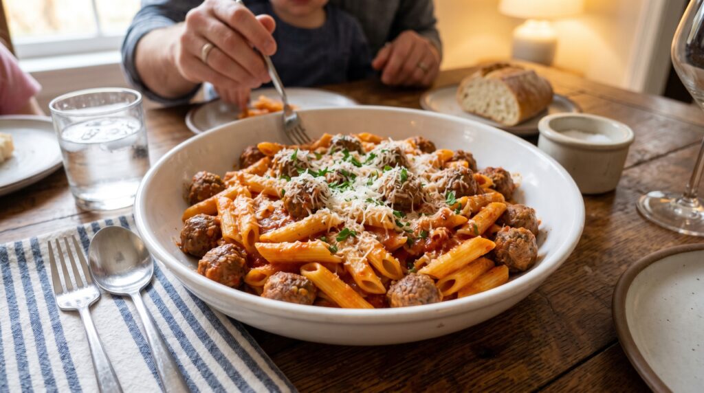 A generous serving of pasta with mild tomato sauce and small beef meatballs in a wide white bowl
