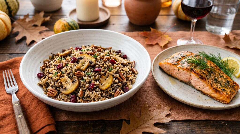 A hearty, earthy wild rice pilaf with mushrooms in a wide white bowl
