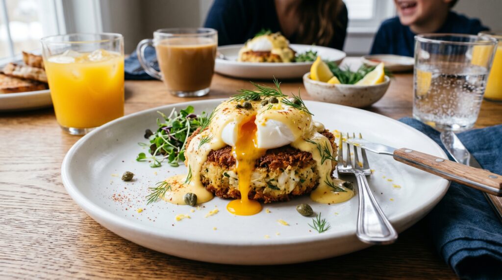 A spectacular crab cakes Benedict on a wide white plate