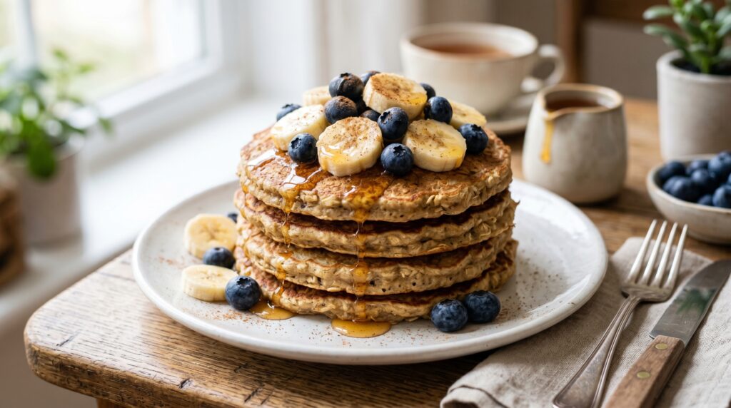 A golden stack of banana oat pancakes on a white plate
