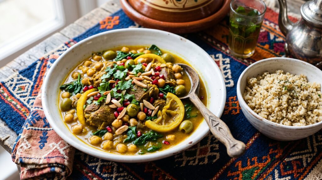 A fragrant, golden Moroccan lamb and chickpea stew in a wide white bowl