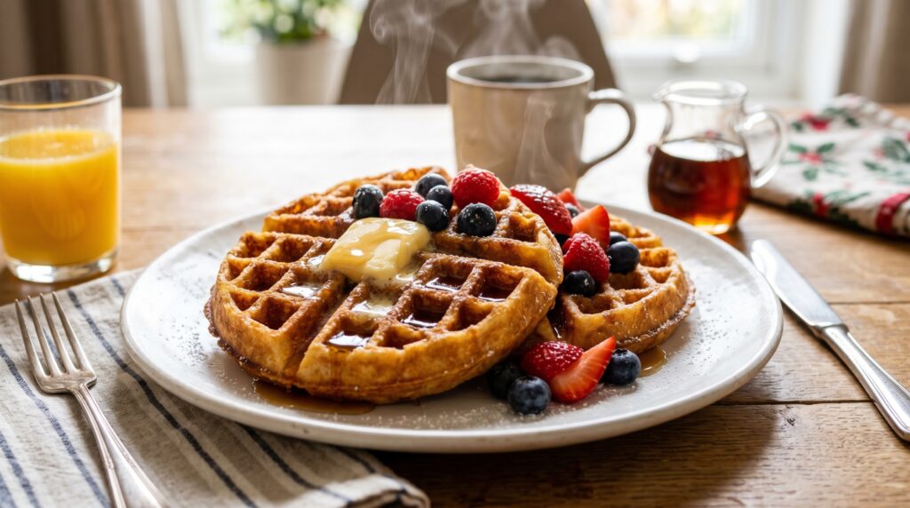 Two golden, crispy classic waffles on a white plate