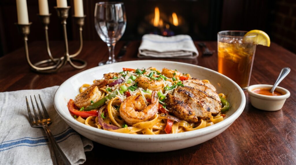 A spectacular Cajun chicken and shrimp pasta in a wide white bowl