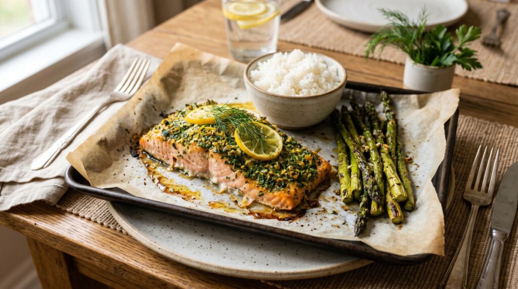A beautiful baked lemon herb salmon on a lined baking tray