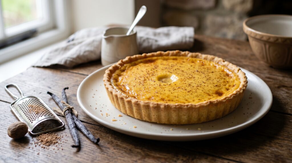 An elegant vanilla custard tart on a white plate
