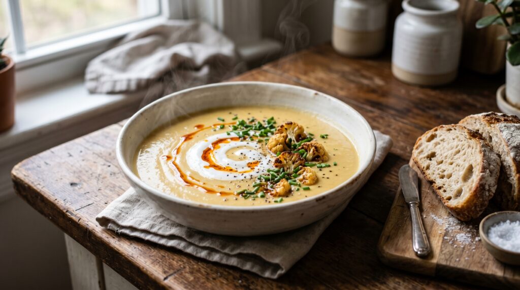 A velvety, deeply colored roasted cauliflower soup in a wide white bowl