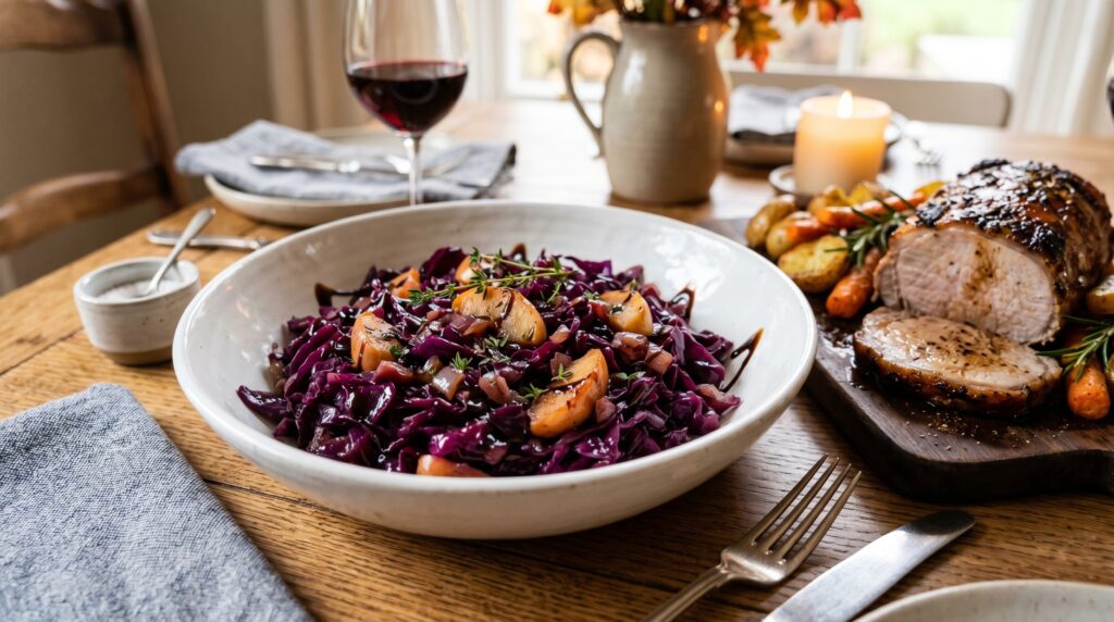 A beautiful, jewel-toned sautéed red cabbage with apple in a wide white bowl