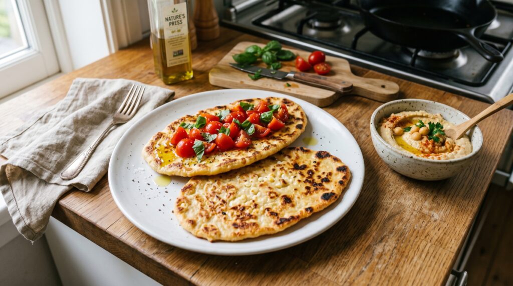 Golden, slightly crispy cottage cheese flatbreads on a white plate
