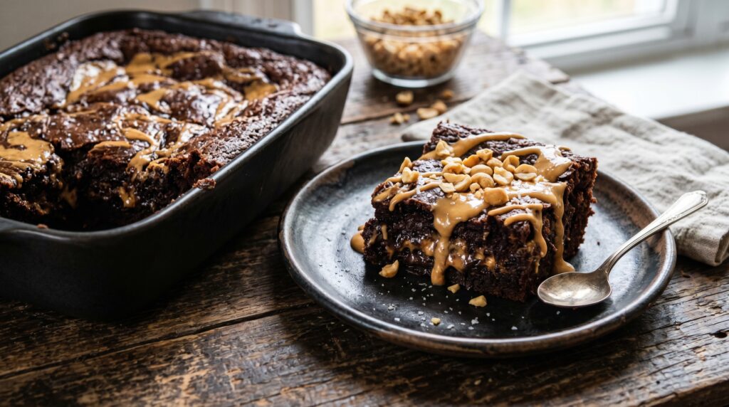 An indulgent, rich chocolate peanut butter dump cake in a dark baking dish