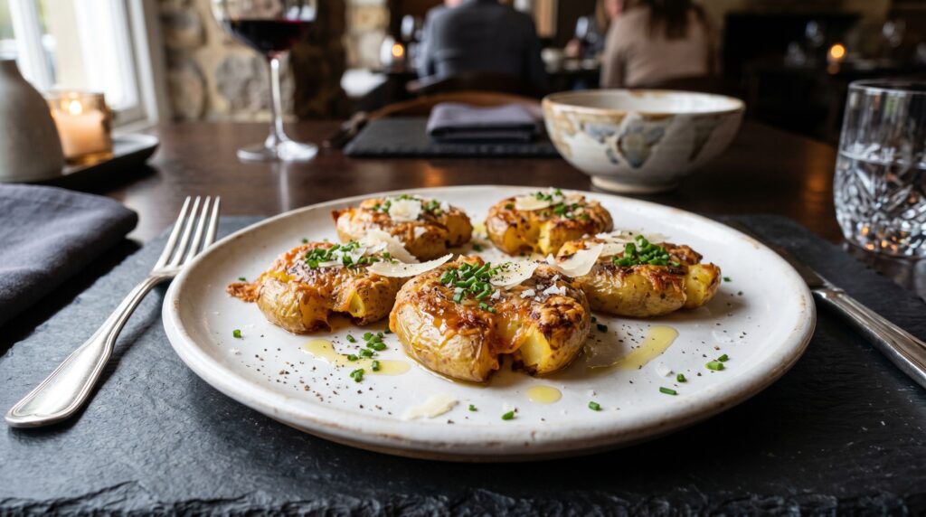 Elegant, sophisticated truffle and Parmesan smashed potatoes on a white ceramic plate