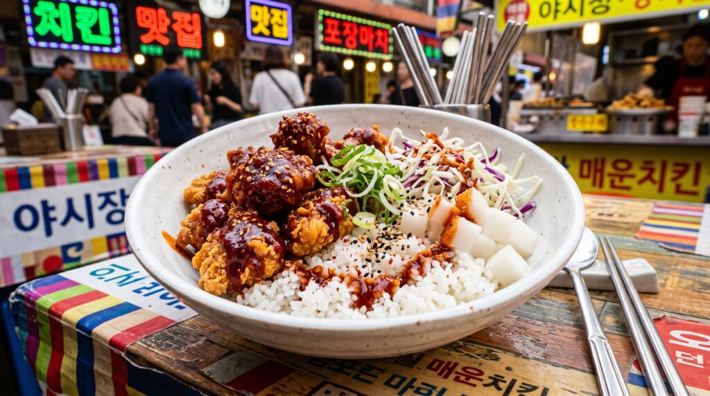 A bold, exciting Korean fried chicken bowl in a wide white bowl