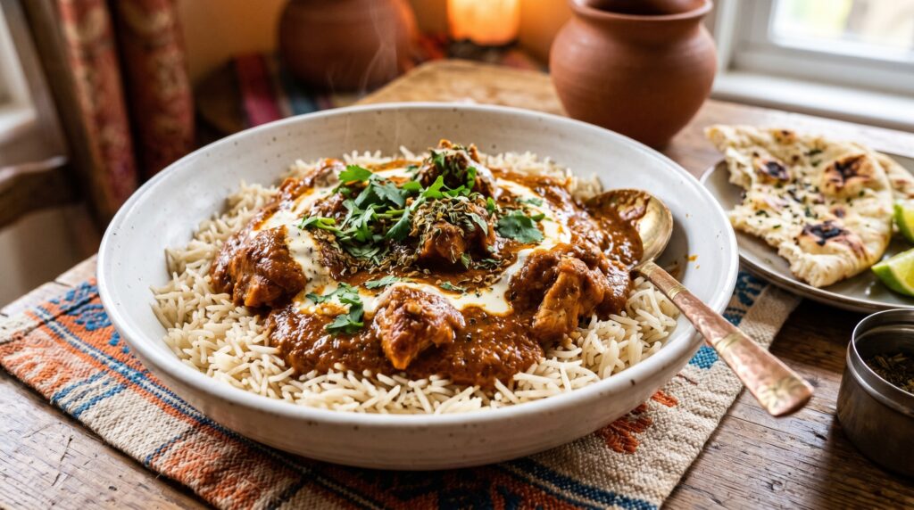 A rich, vibrant dump-and-go butter chicken in a wide white bowl over fluffy basmati rice
