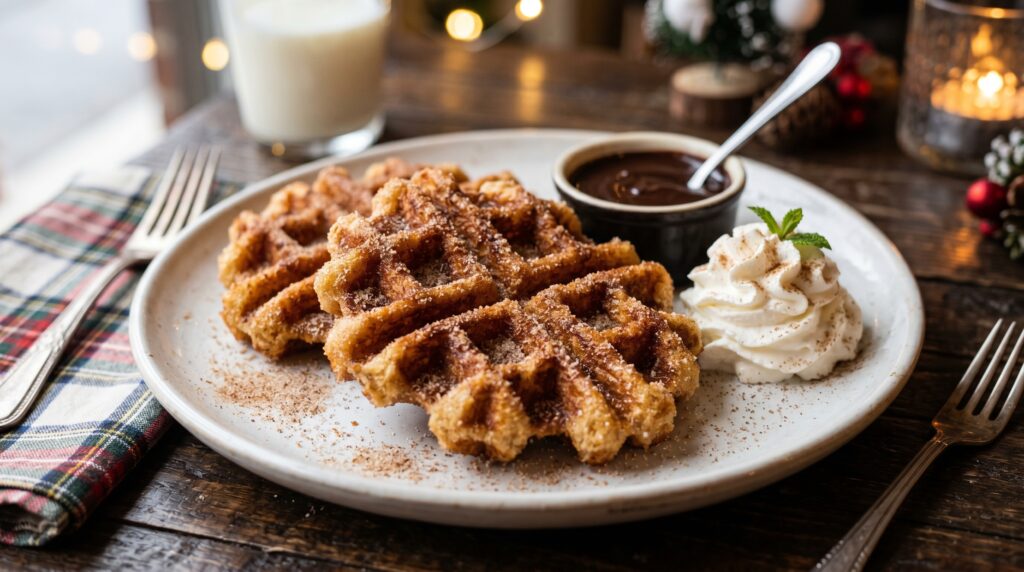 Spectacular churro waffles on a white plate