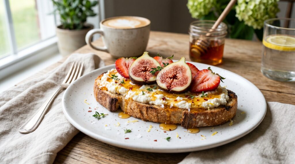 A beautiful hot honey ricotta toast on a white plate