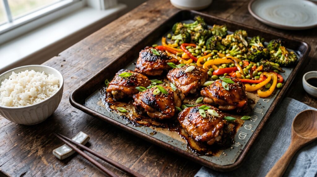A beautiful, glossy sheet pan teriyaki chicken on a dark lined baking tray