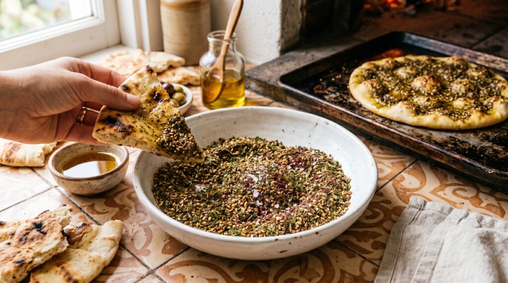 A beautiful za'atar blend in a wide white ceramic bowl