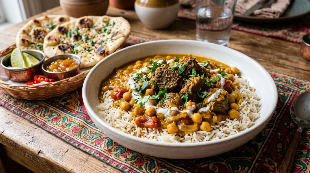 A fragrant, golden lamb and chickpea curry in a wide white bowl over basmati rice
