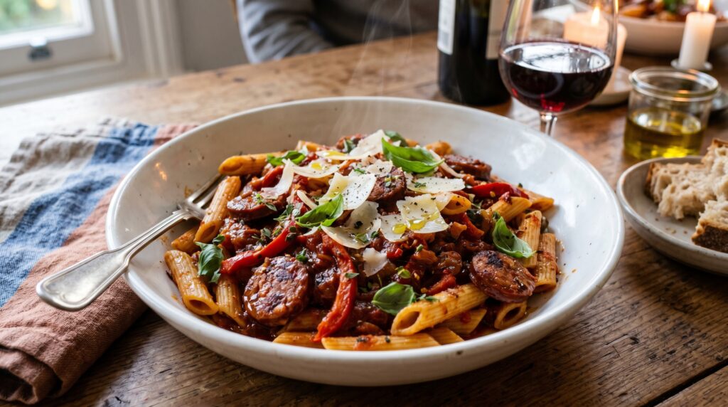 A bold, deeply colored smoky chorizo and tomato pasta in a wide white bowl