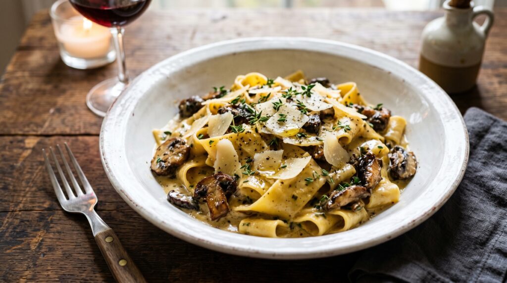 A luxurious, deeply flavored creamy mushroom truffle pasta in a wide white bowl