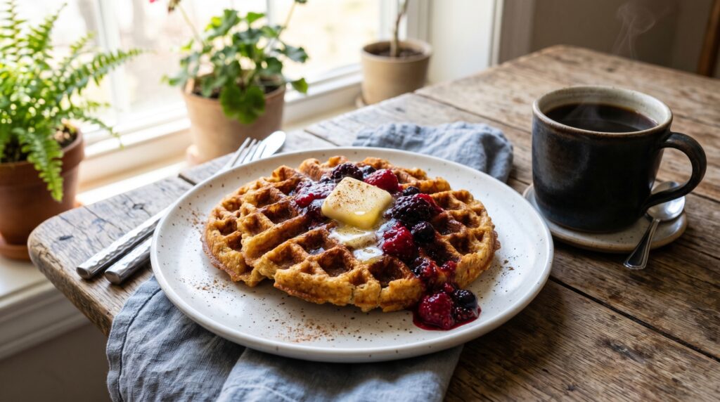 Two golden, crispy coconut flour keto waffles on a white plate