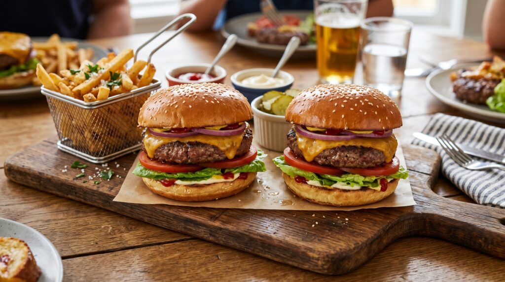 Two perfect classic beef burgers on toasted brioche buns on a wooden board