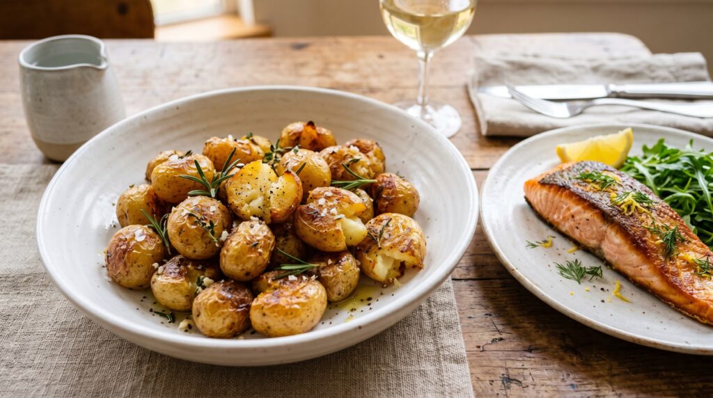 Golden, perfectly roasted new potatoes in a wide white serving bowl