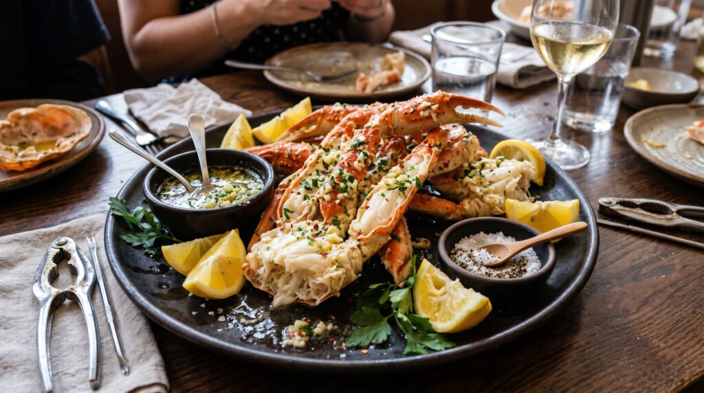 Spectacular garlic butter crab legs on a dark serving platter