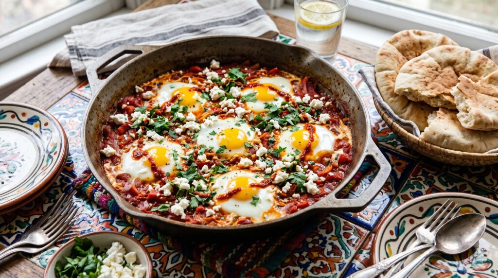 A high-protein shakshuka in a wide cast iron skillet