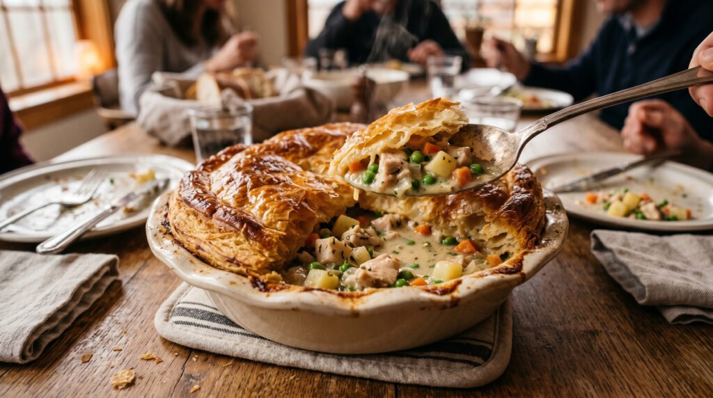 A magnificent classic chicken pot pie in a deep ceramic pie dish