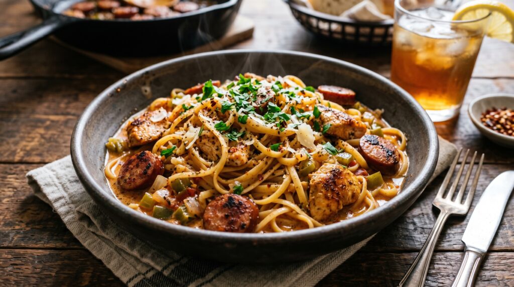 A hearty, deeply flavored Cajun chicken and andouille sausage pasta in a wide dark bowl