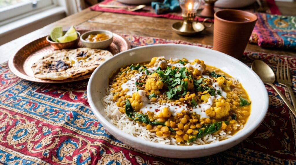 A vibrant, fragrant cauliflower and lentil curry in a wide white bowl over basmati rice