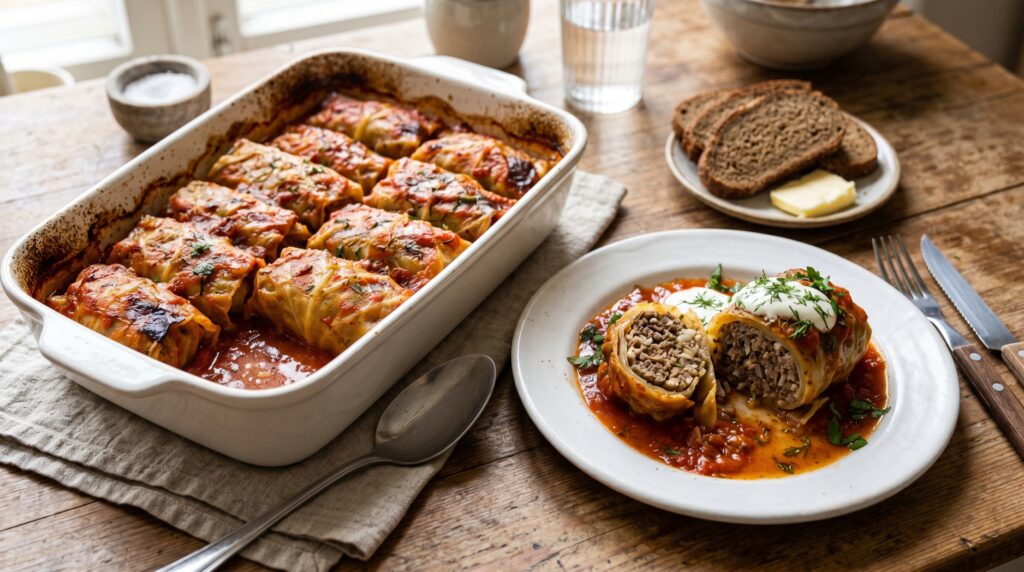 Beautiful stuffed cabbage rolls in a deep white baking dish