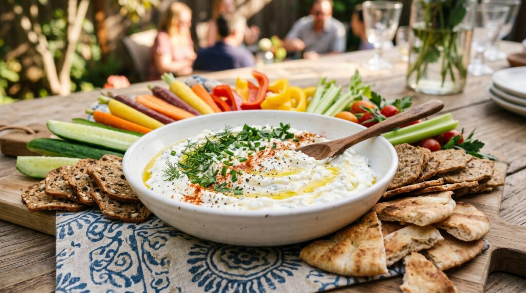 A beautiful cottage cheese dip in a wide white bowl