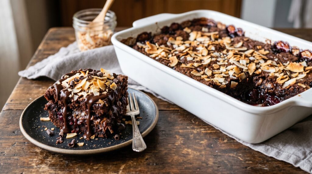 A decadent chocolate cherry coconut dump cake in a white baking dish