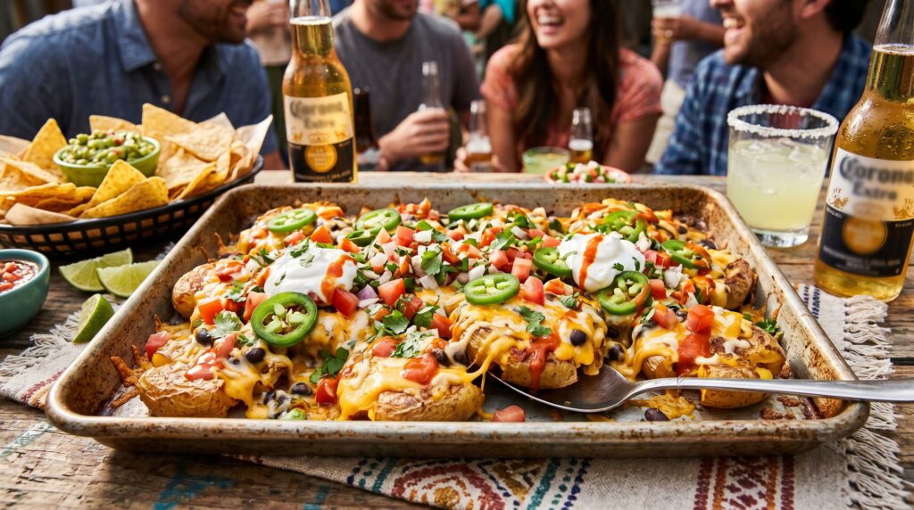 Spectacular nacho-style loaded smashed potatoes on a wide baking tray