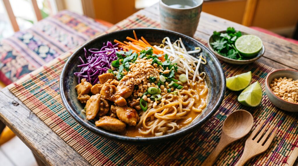 A vibrant, colorful Thai peanut chicken noodle bowl in a wide dark bowl