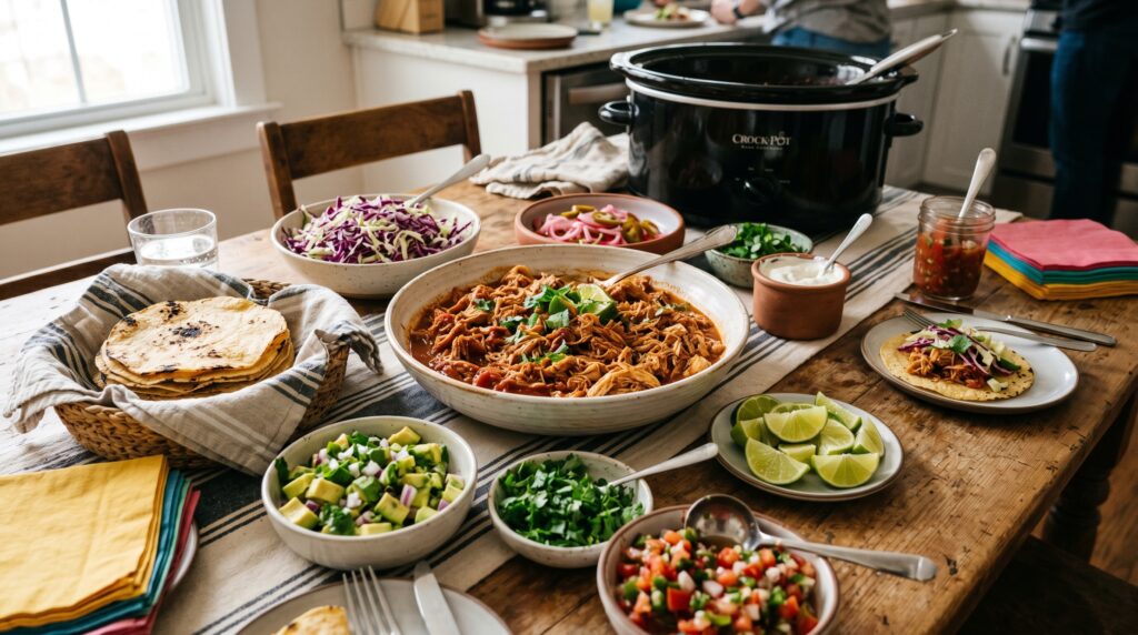 A vibrant, colorful slow cooker pulled chicken taco